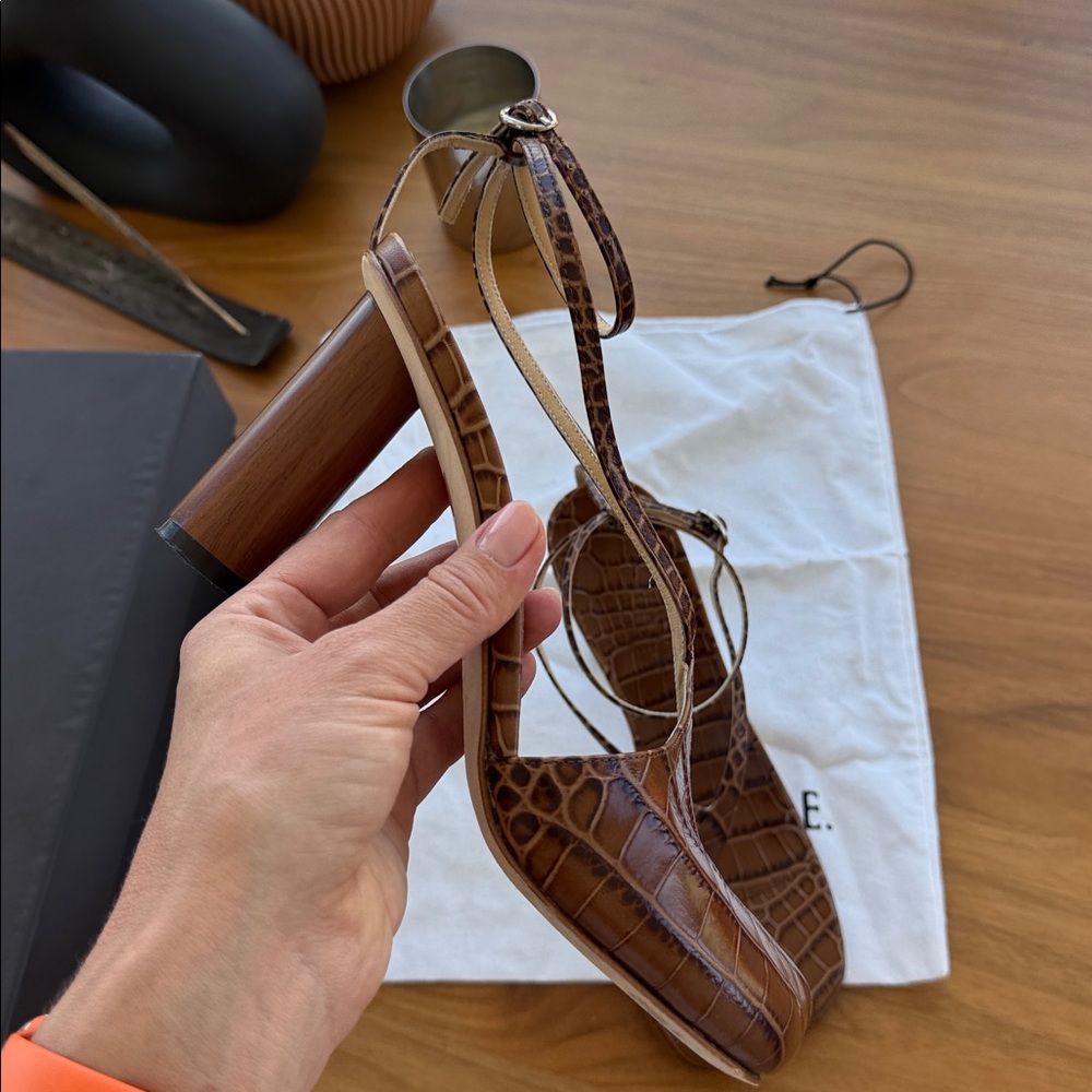 A.W.A.K.E. MODE Brown Croc-Embossed Ankle-Strap Block Heels - Picture 11 of 11